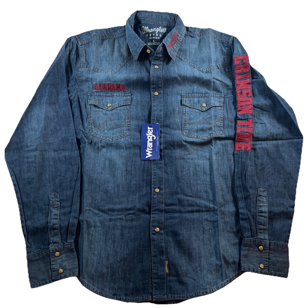 Alabama Crimson Tide Shirt Mens XL‎ Wrangler Retro Blue Denim Pearl Snap New $85